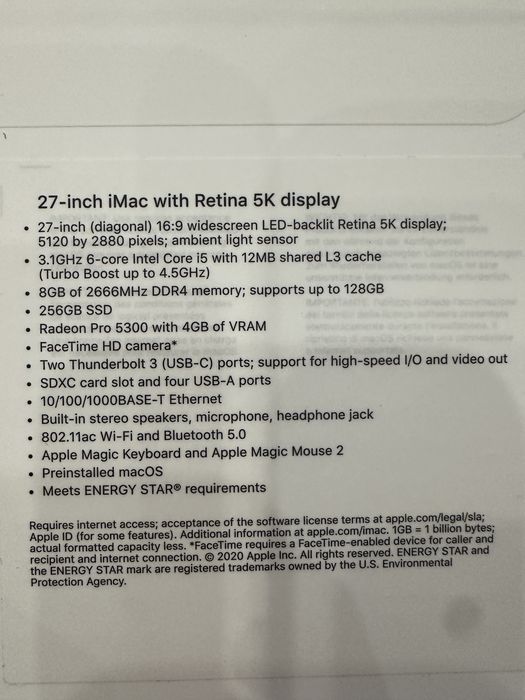 iMac 27” (2020) i5 3.1 GHz, 8 GB RAM (opcja do 128 GB), 256 GB SSD
