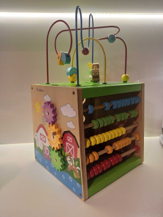 Kostka edukacyjna EICHHORN, zegar, liczydło, koła zębate - drewniana