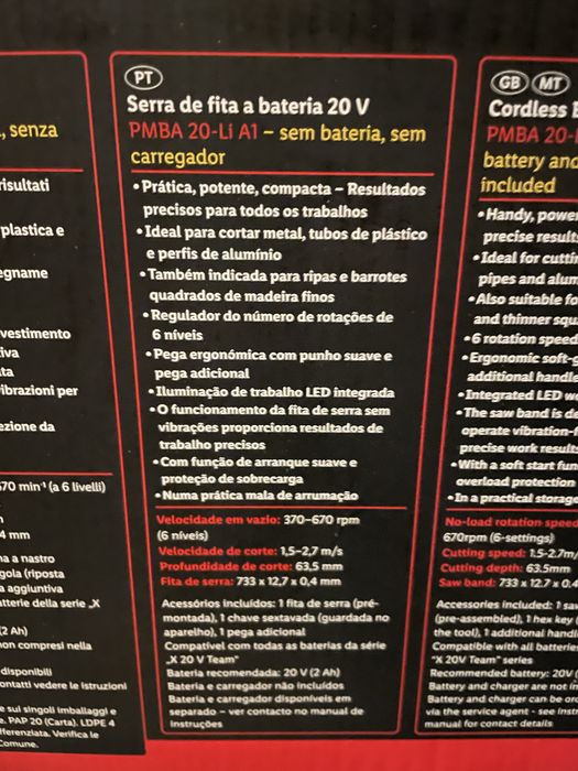 Serra de fita Parkside 20v