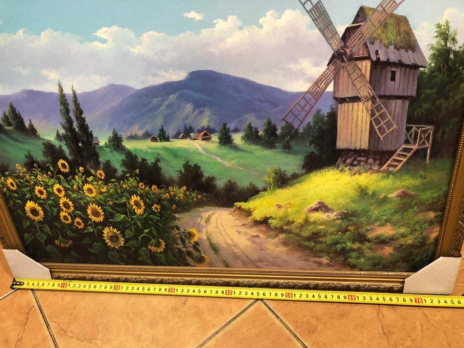 Картина в рамі для дому чи офісу на сільську тематику Млин ,соняшники