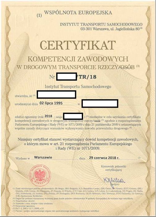 Certyfikat Kompetencji Zawodowych (CKZ) w drogowym transporcie rzeczy