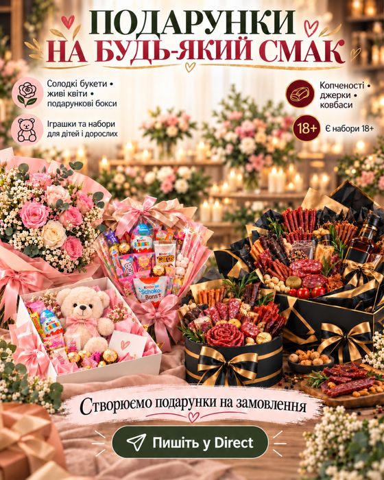 солодкі бокси, квіти живі, бенто торт, набори подарункові,горішки солодкі