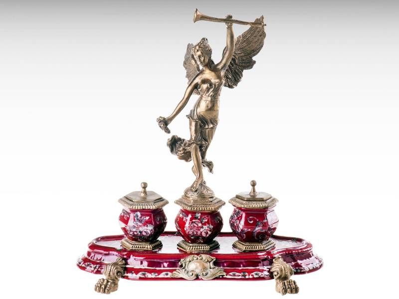 Tinteiro de porcelana e bronz; com anjo - Art Nouveau