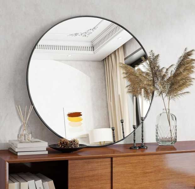 Lustro okrągłe 70 cm czarne metalowa rama ścienne Koonmi