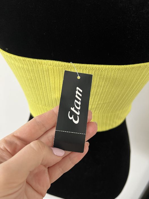Żółta, krótka bluzka, crop top, biustonosz, stanik, prążki, Etam, L