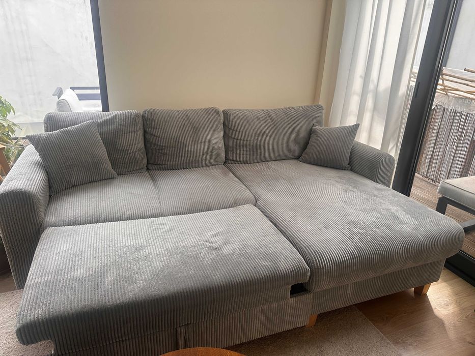 Sofá de Canto Cinzento com Cama e Arrumação