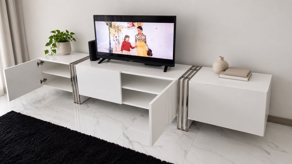 Móvel Tv 4Portas Branco Alto Brilho e Inox Polido