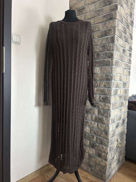 Brązowa sukienka maxi ażurowa kawowy brąz dzianinowa sukienka L Zara