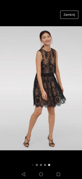 H&M koronkowa sukienka czarna nude cielista podszewka rozkloszowana 36