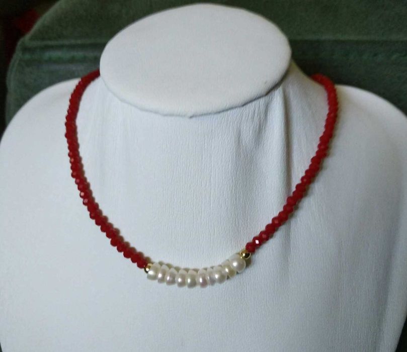 Colar Contas Vidro Facetadas Bordeaux e Perolas NOVO