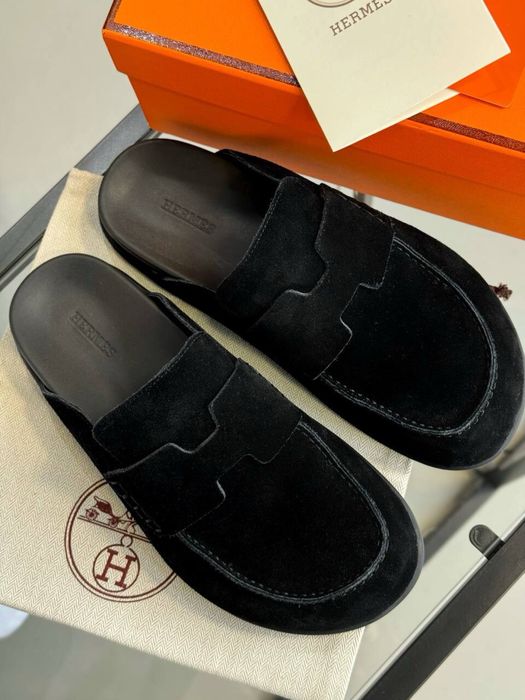 Шльопанці сабо hermes (в наявності) мюлі шипри замша чорні 38