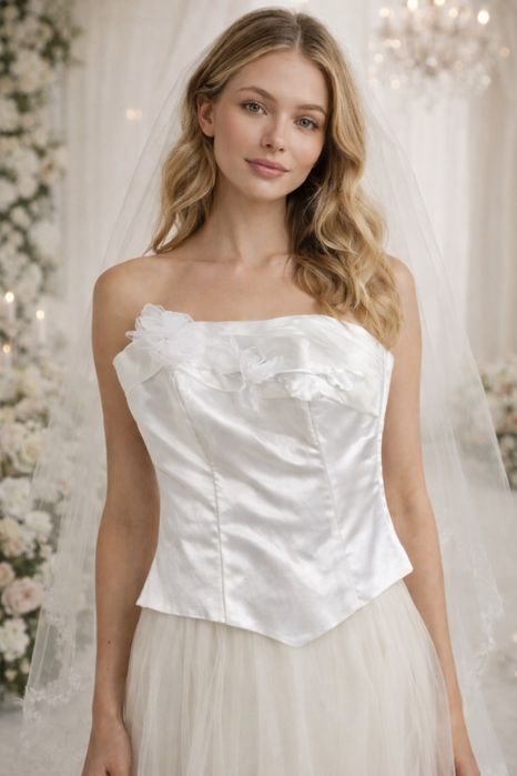 Gorset ślubny Krystex 38 M Y2K  2000s wiązany biały aplikacja kwiatowa z przodu