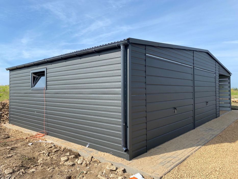 Garaz blaszany 6x5.8 plus wiata 3x5.8, antracyt, PROFIL ZAMKNIETY.