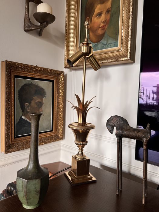 Maison Charles Boulanger Jansen Hollywood Regency 1970 vintage lampa palma ananas mosiężna mosiądz mosiądzu Francja Belgia unikat poszukiwana