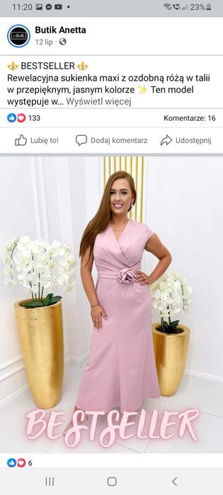 Sukienka Róża długa 42 maxi różowa na wesele