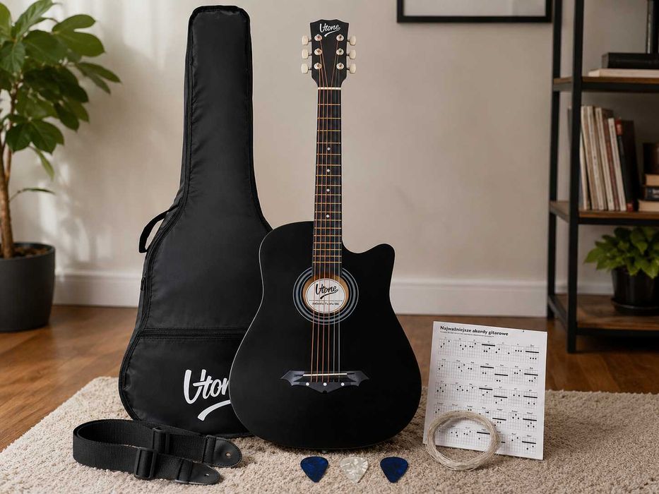 NOWA Gitara Akustyczna 4/4 Czarna Dreadnought Cutaway Gitara Do Nauki Gitara Dla Początkujących Pasek Kostki Zapasowe Struny Gitara Klasyczna 4/4