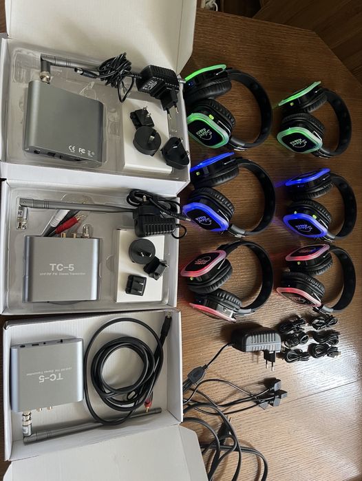 Zestaw 50 słuchawek bezprzewodowych Silent Disco LED + 3 nadajniki TC-5 (Zasięg 500m)