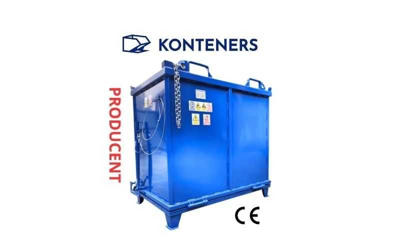 Kontener z otwieranym dnem, klapą, spodem do wózka widłowego 1,5m3