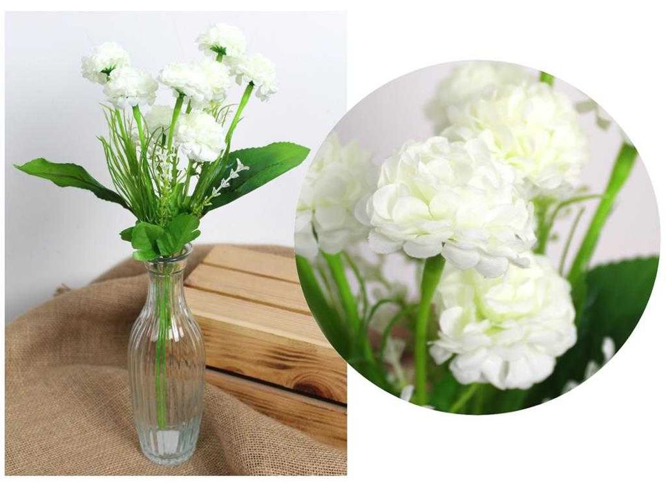 BUKIET sztucznych białych kwiatów gożdziki białe sztuczne kwiaty 38 cm