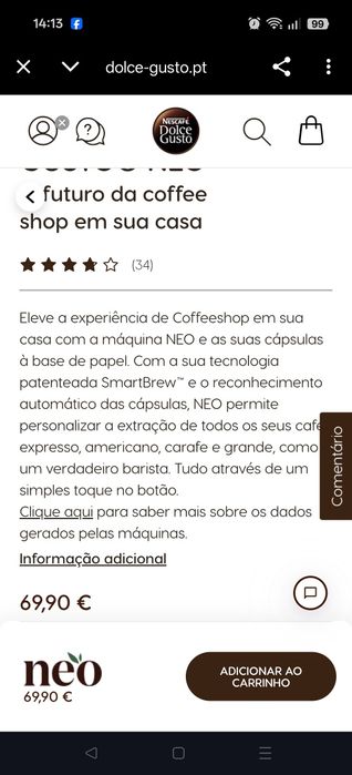 Máquina de café NESCAFÉ® Dolce Gusto® NEO
O futuro da coffee shop em s