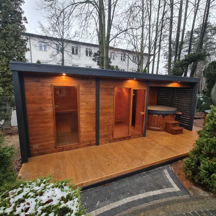 sauna ogrodowa z przedsionkiem, spa zewnętrzne premium, producent