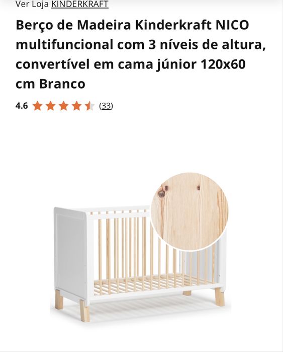 Berço de Madeira Kinderkraft NICO multifuncional com 3 níveis de altura, convertível em cama júnior 120x60