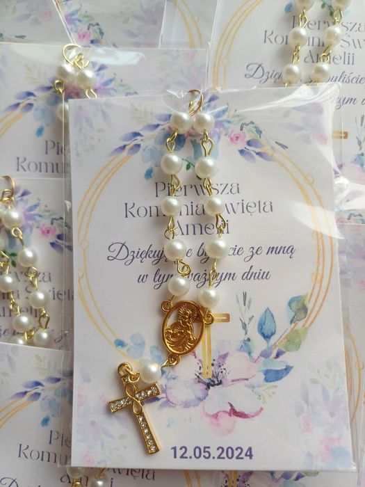 Różaniec dziesiątka perełki Podziękowanie dla gości Komunia na Chrzest