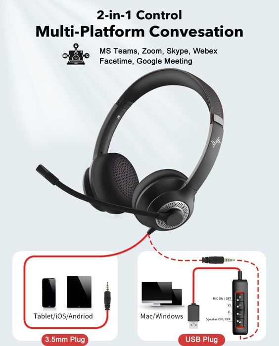 EAGLEND Zestaw słuchawkowy USB z mikrofonem do laptopa PC,