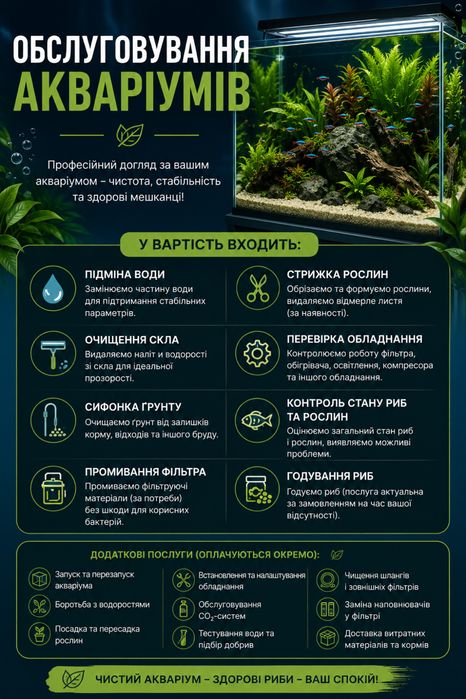 Обслуговування акваріума/ чистка акваріума/ догляд за акваріумом/прибирання в акваріумі