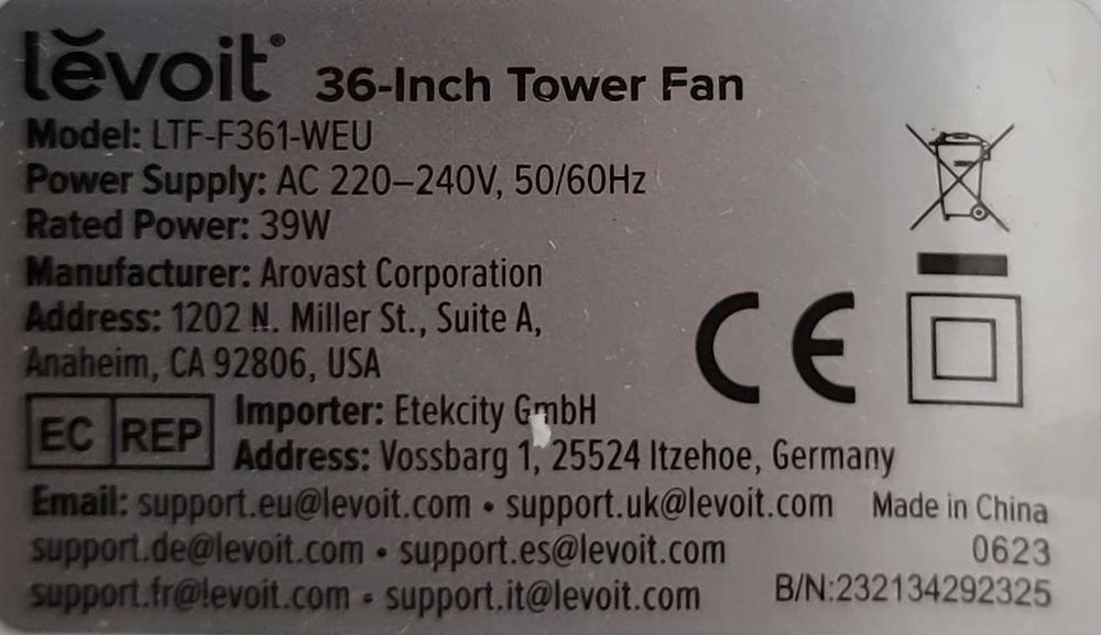 Levoit ‎LTF-F361-WEU - Wentylator Wieżowy