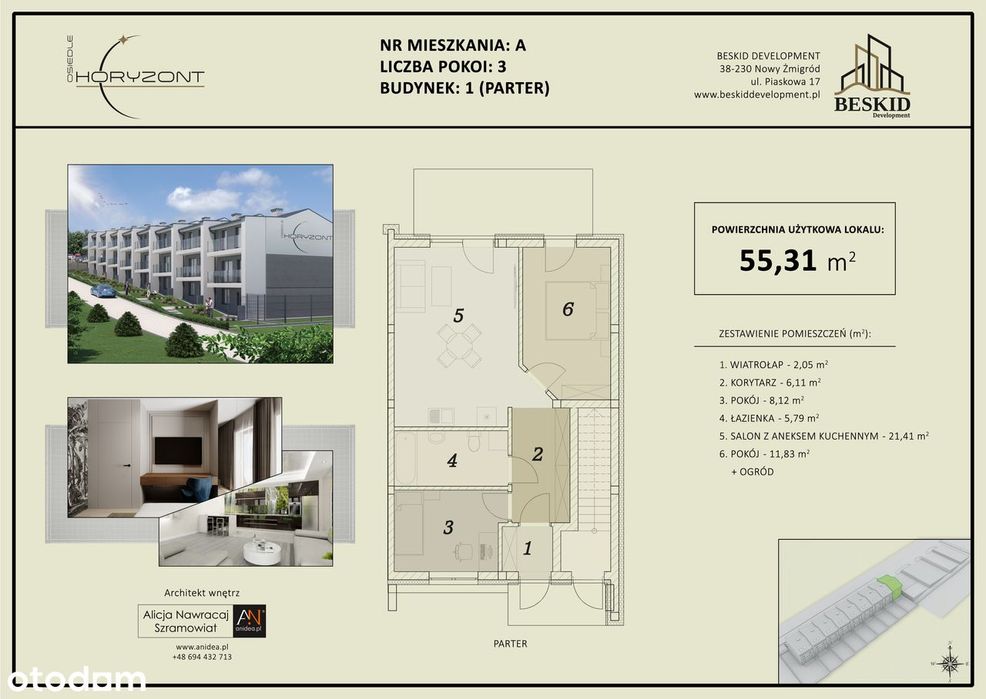 Dom/szeregówka, 55,31m2, 3 pokoje z ogrodem, os. Matysówka