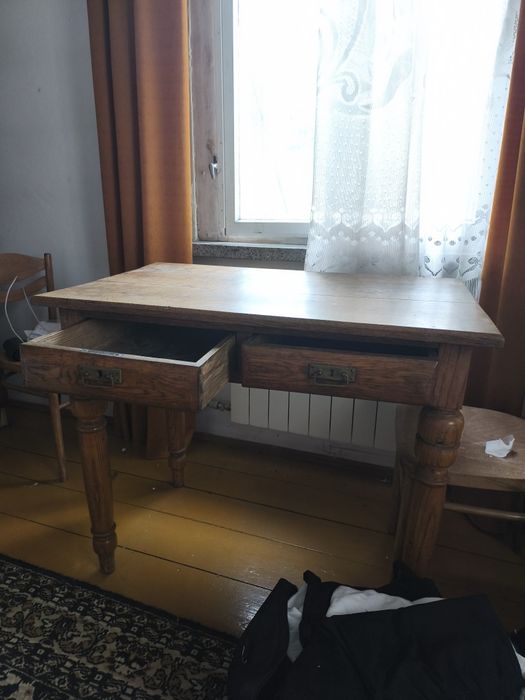 Dębowy stół- biurko z szufladami/ Toaletka z lustrem (tryptyk) PRL