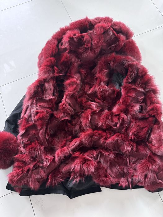 Piekna parka plaszcz futro naturalne lis bordo s/m
