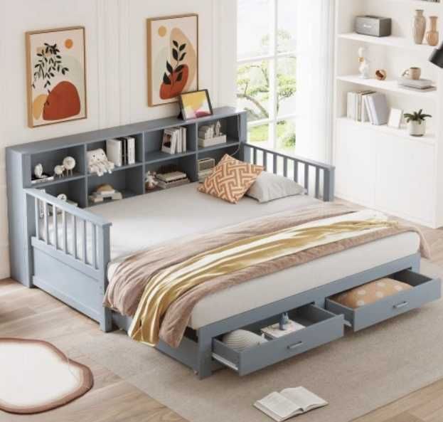 Sofa z łóżkiem Łóżko wysuwane 90/180x190cm 2szuflady/USB szare