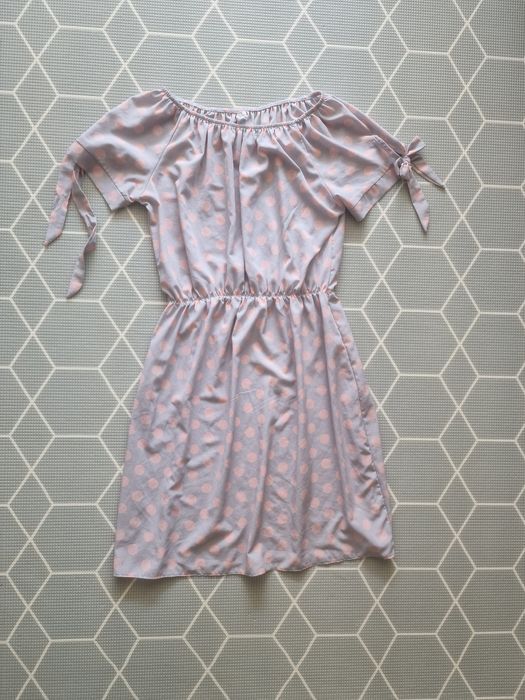 Sukienka L 40 szara różowa letnia delikatna groszki kropki kokardka