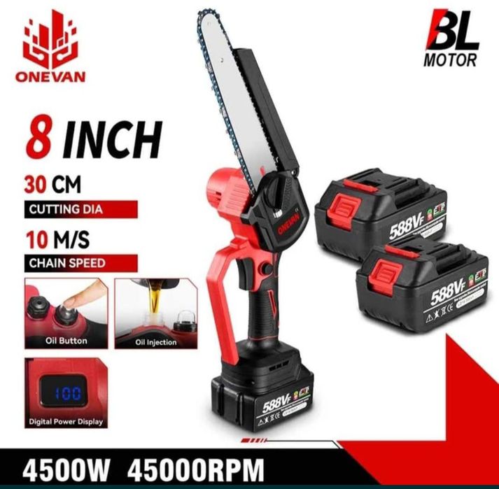 Motosserra 8 polegadas, com lubrificação, e 2 potentes baterias 588v