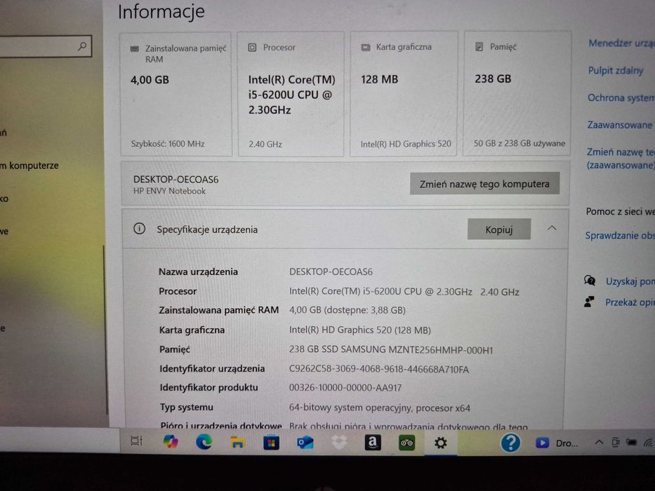 Laptop HP Envy 13' 4GB 238SSD i5-6200U Win10 Home