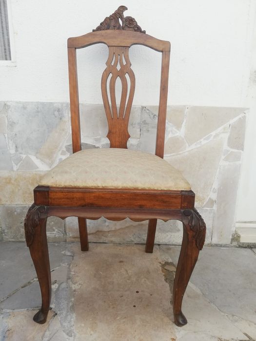 Conjunto vintage de cadeira e banqueta estilo Queen Anne