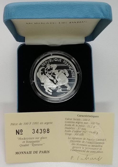 Франція 100 франків 1991р. СРІБЛО. ПРУФ. Олімпіада . Хокей .