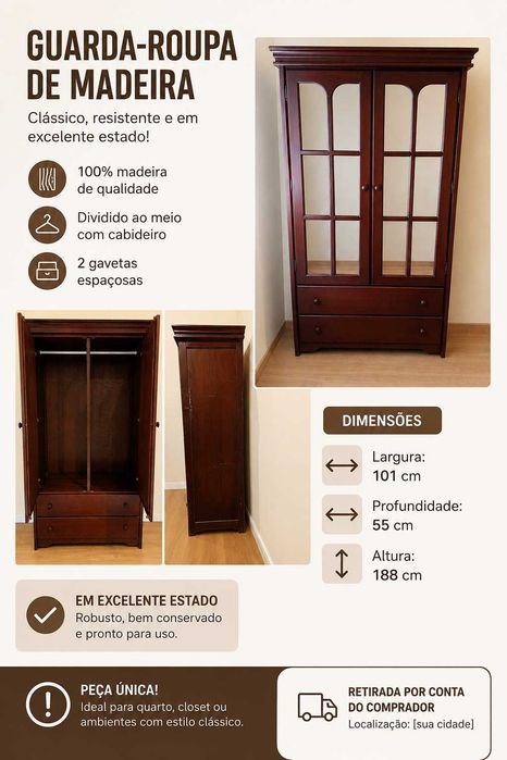 Guarda-Roupa de Madeira Maciça 2 Portas com 2 Gavetas – Excelente Estado