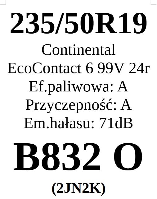 4x 235/50R19 Continental EcoContact 6 99V 2024r A/A/71dB 3 lata gwar.