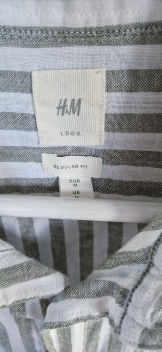 Biała miętowa koszula w paski z długim rękawem len bawełna H&M M L