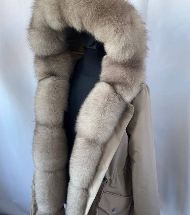 Куртка бежевая женская зимняя, парка с натуральным мехом песца. 42-60р