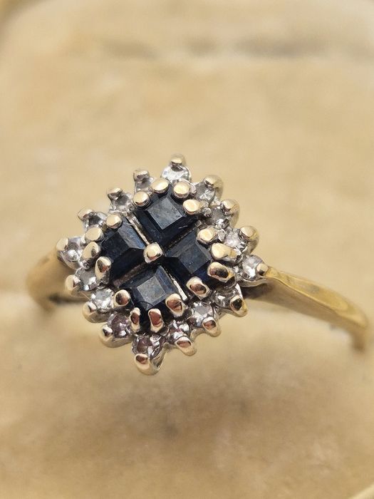 Pierścionek złoty 9k diamenty szafir retro wycena certyfikat