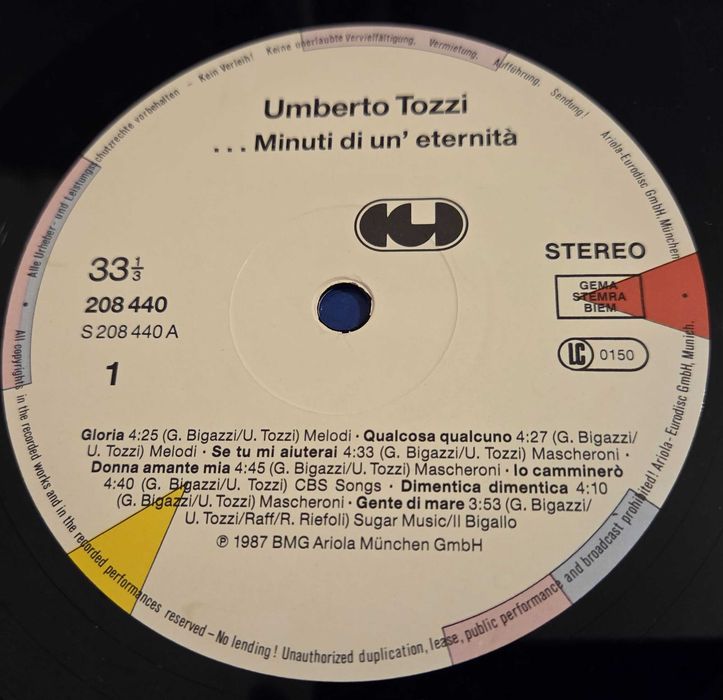 Winyl Umberto Tozzi – Minuti Di Un'Eternita