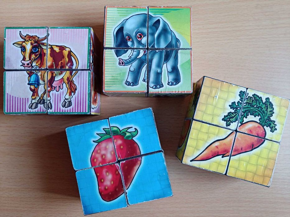 Пластиковые кубики (4 набора по 4 кубика, 24 картинки) + мягкие пазлы