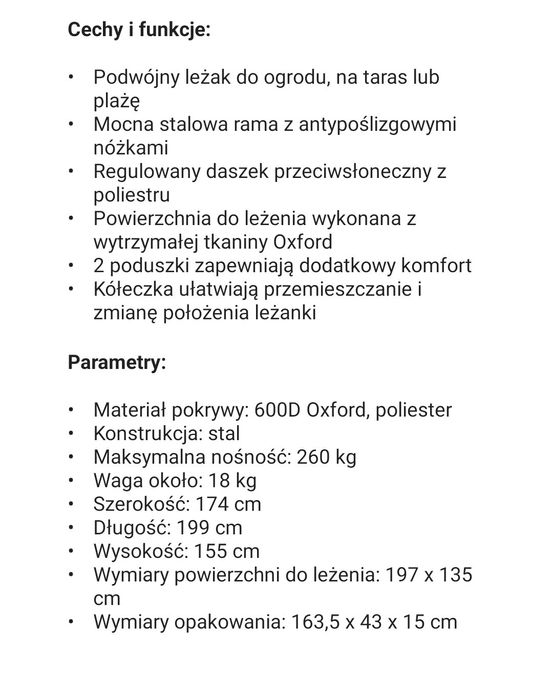 Leżak plażowy ogrodowy dwuosobowy duża  leżanka dla 2 osób