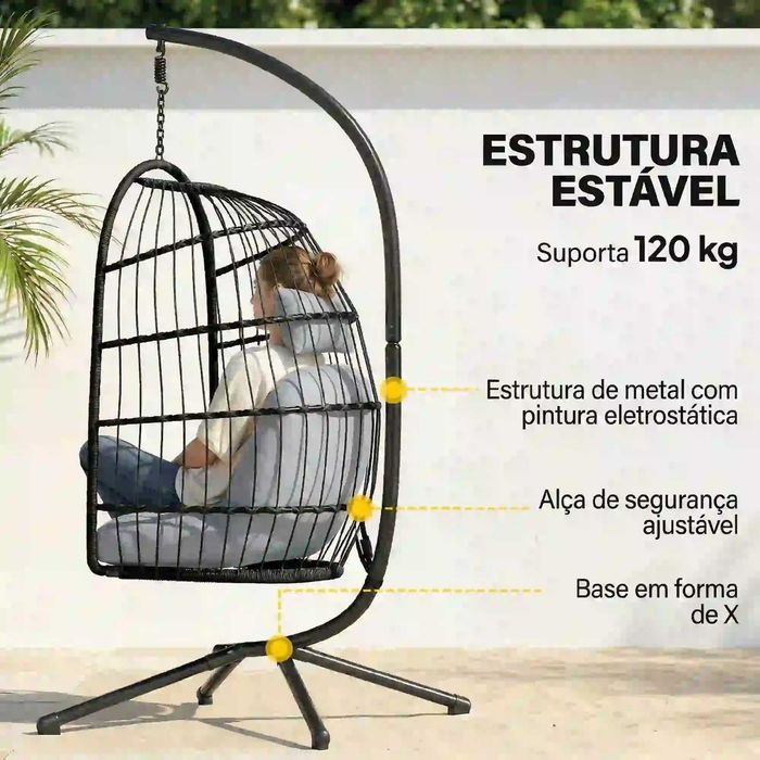Cadeira jardim Suspensa com Suporte Cesto Dobrável Almofada Grossa e Altura Ajustável