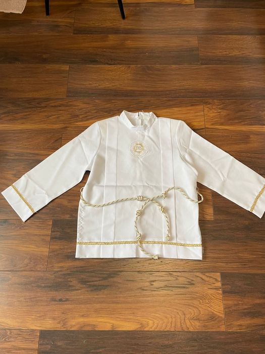 Alba komunijna dla chłopca 140/134 biała ze złotymi elementami