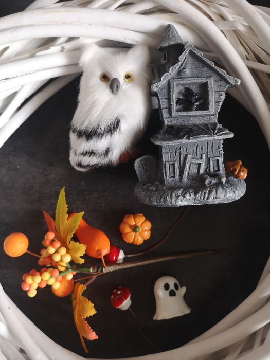 wianek wiklina i ozdoby jesień halloween sowa straszny dom, dynia duch